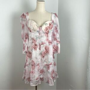 NWT Floral Sweetheart Babydoll Mini Dress Size M  Feminine Romantic Lace Ruffled